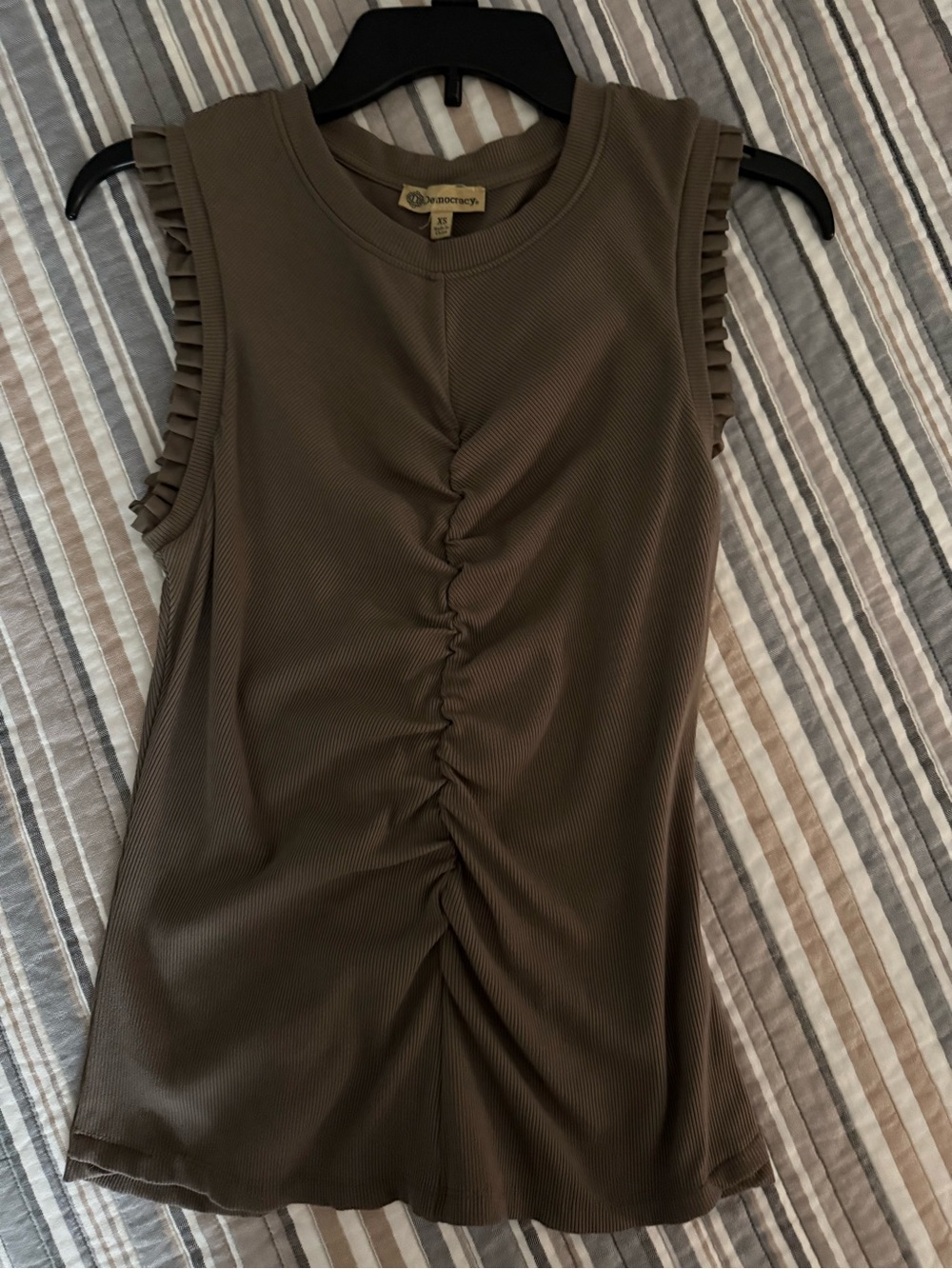 Democracy Brown Sleeveless Tank with Center Ruching and Ruffle Trim
